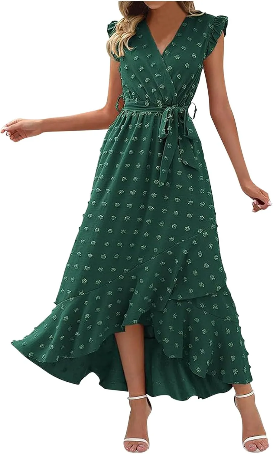 Women's Swiss Dot Casual Boho Dress V Neck Sleeveless Belted Dress Ruffle Casual Summer Wedding Guest Dresses