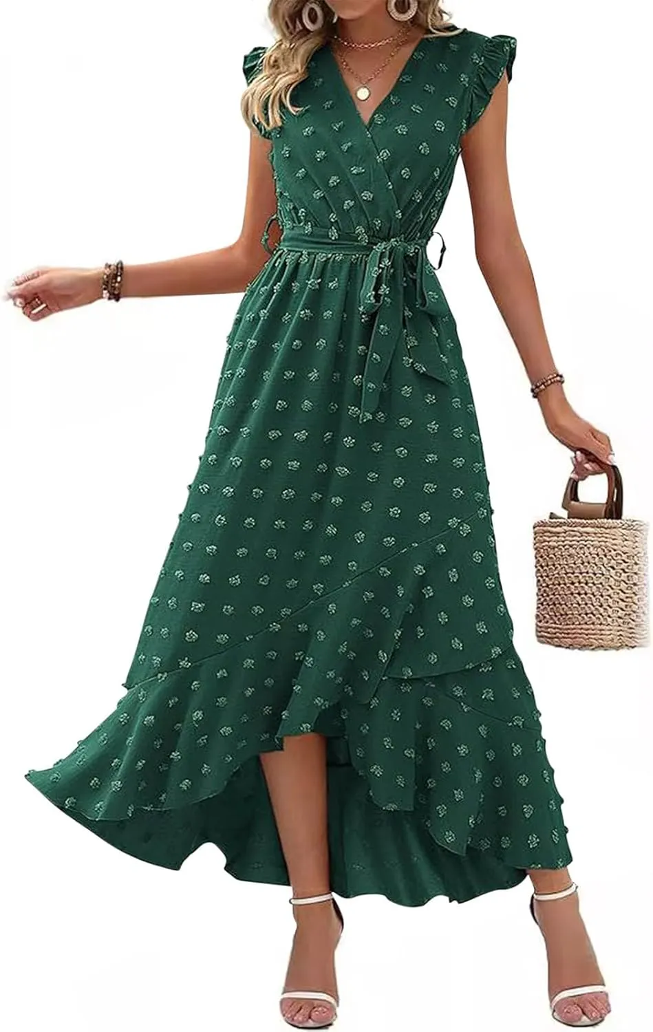 Women's Swiss Dot Casual Boho Dress V Neck Sleeveless Belted Dress Ruffle Casual Summer Wedding Guest Dresses