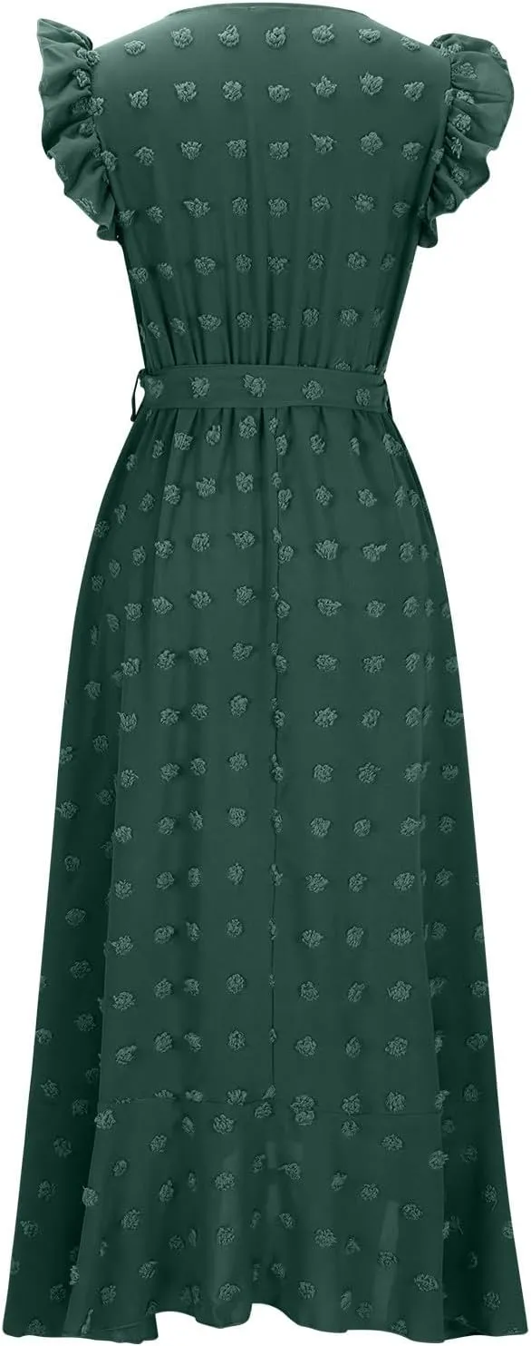 Women's Swiss Dot Casual Boho Dress V Neck Sleeveless Belted Dress Ruffle Casual Summer Wedding Guest Dresses