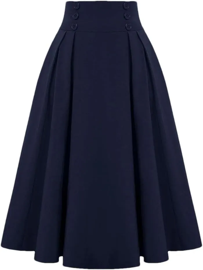 Women's Vintage Casual Long A-Line High Waist Skirt Double Breasted Large Swing Pleated Skirt