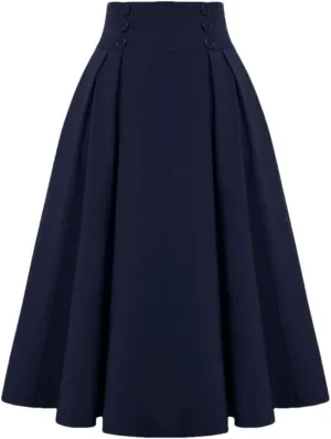 Women's Vintage Casual Long A-Line High Waist Skirt Double Breasted Large Swing Pleated Skirt