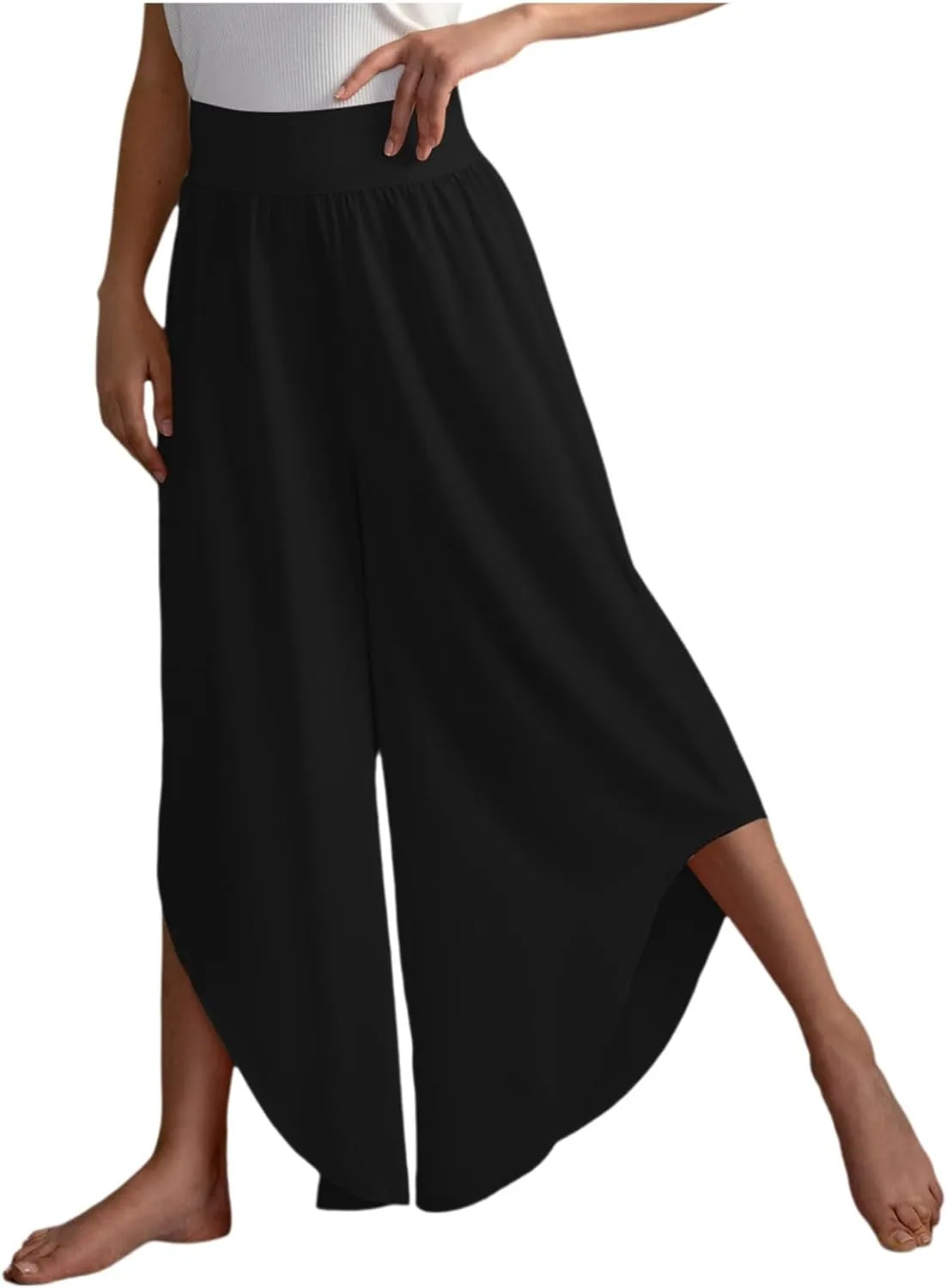 Women's Yoga Palazzo Pants Trendy Flowy Elastic Waist High Fork Wide Leg Pants Comfy Breathable Loose Baggy Trousers