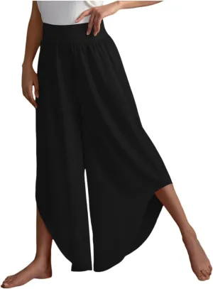 Women's Yoga Palazzo Pants Trendy Flowy Elastic Waist High Fork Wide Leg Pants Comfy Breathable Loose Baggy Trousers