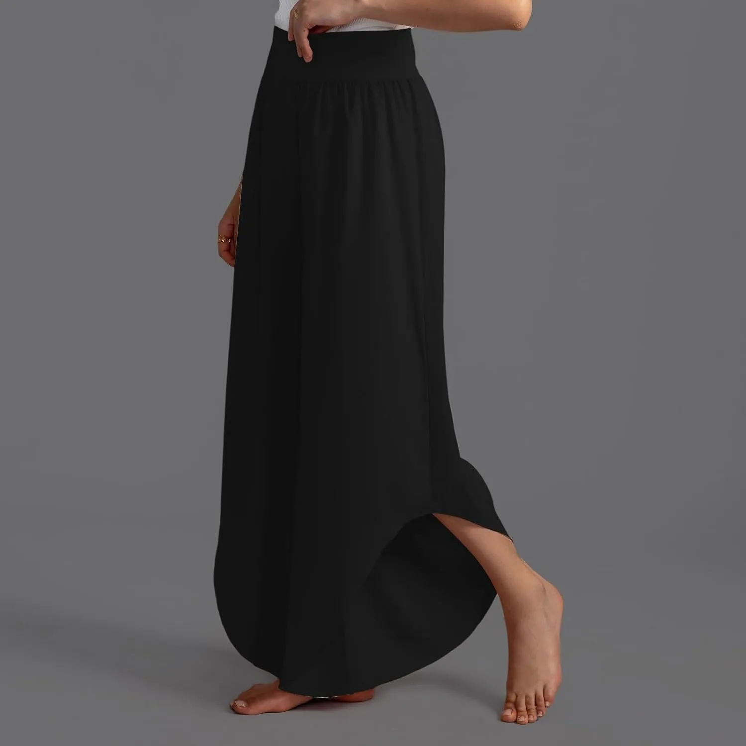 Women's Yoga Palazzo Pants Trendy Flowy Elastic Waist High Fork Wide Leg Pants Comfy Breathable Loose Baggy Trousers