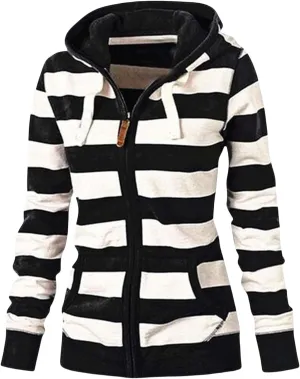 Womens Zip Up Hoodies Casual Oversized Striped Hoodies Sweatshirts Plain Zipper Classic Hooded Jackets with Pockets