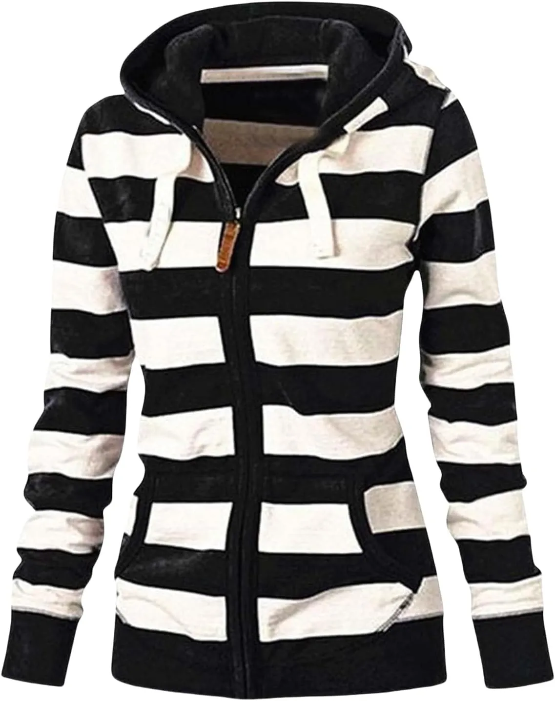 Womens Zip Up Hoodies Casual Oversized Striped Hoodies Sweatshirts Plain Zipper Classic Hooded Jackets with Pockets