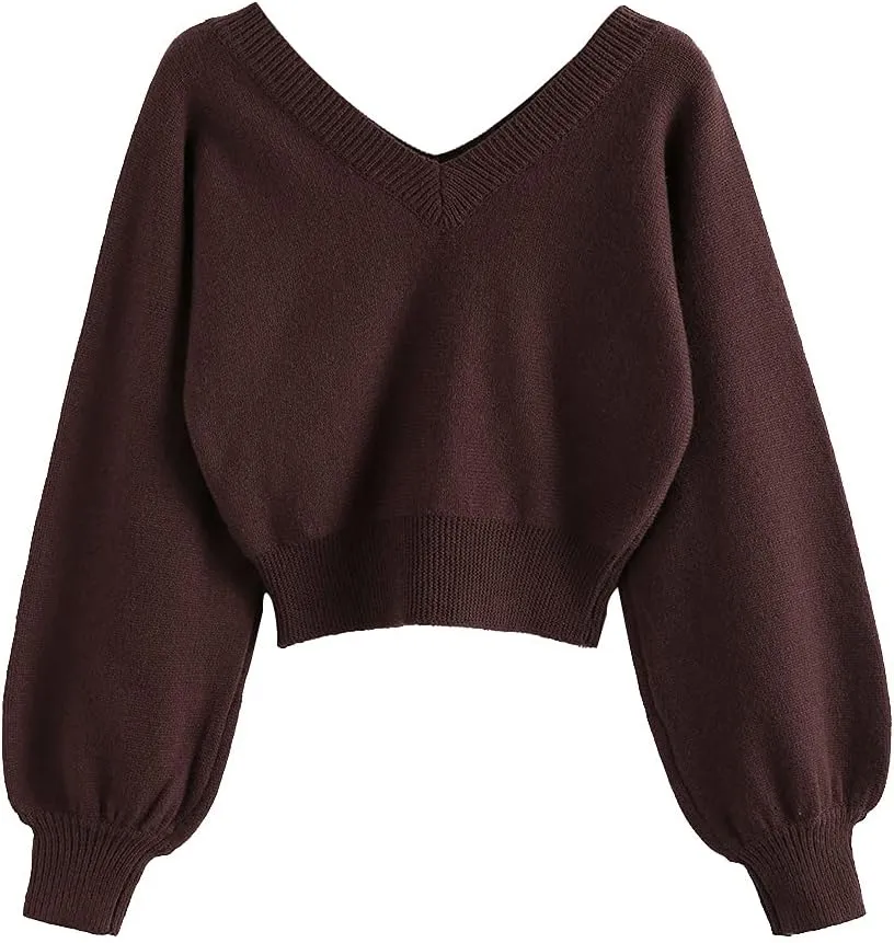 ZAFUL Women's Cropped Sweater V-Neck Long Sleeve Crop Sweater Pullover Jumper Knit Top