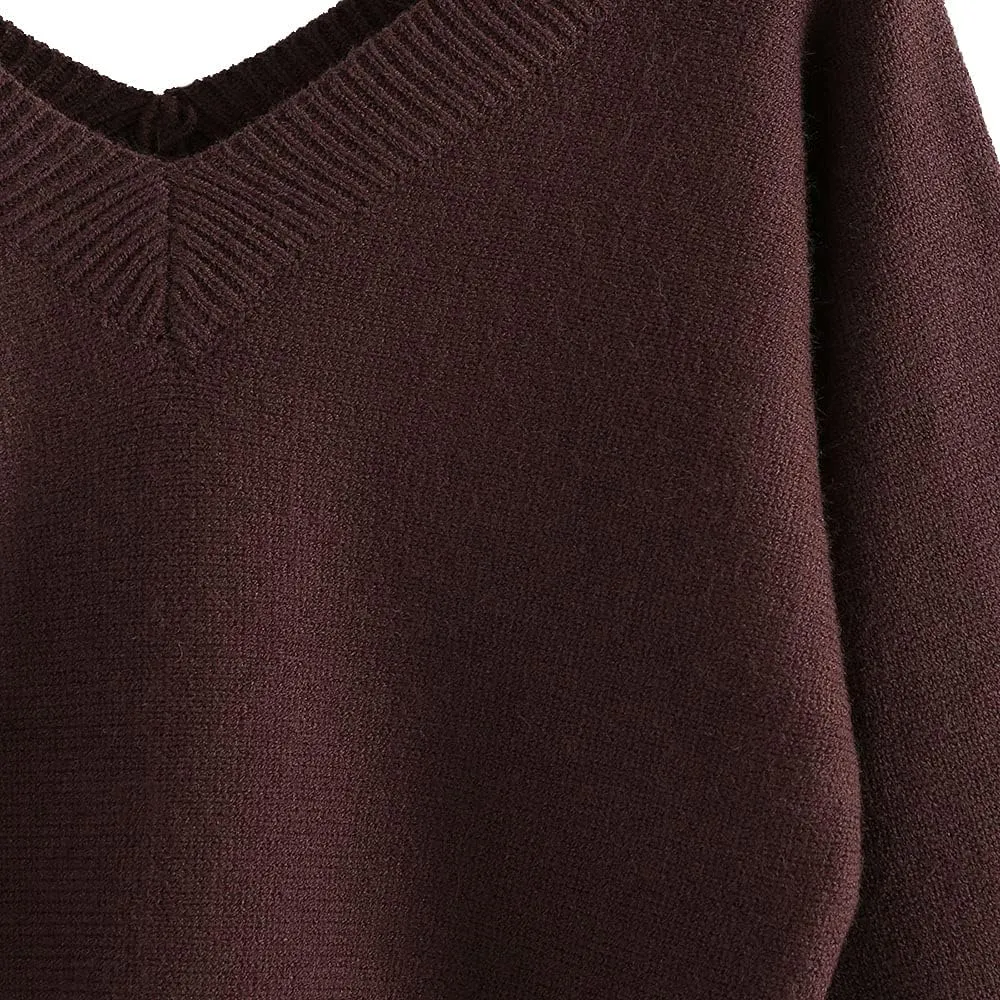 ZAFUL Women's Cropped Sweater V-Neck Long Sleeve Crop Sweater Pullover Jumper Knit Top