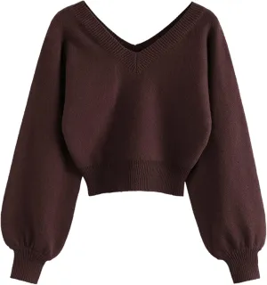 ZAFUL Women's Cropped Sweater V-Neck Long Sleeve Crop Sweater Pullover Jumper Knit Top